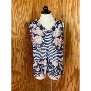 Cabi Peplum‎ Blouse Pullover Top Sheer Sleeveless Floral Paisley Blue Sz Small